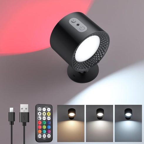 1PC 9 3 Dimming Battery Operated Wall Mounted Light with Remote, Colors RGB Rechargeable Ambient Sconce, Color