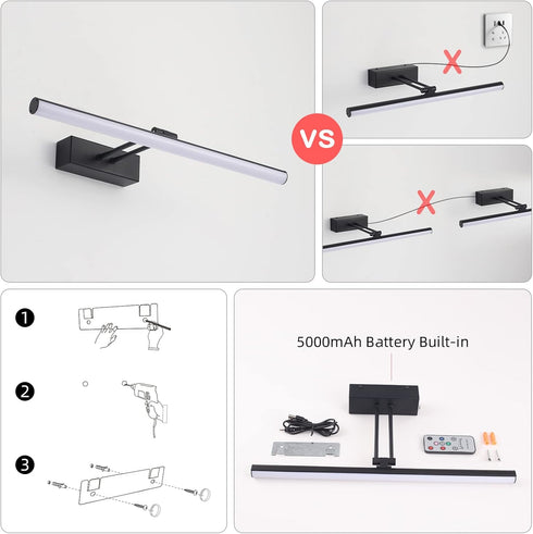 HOWMZON Remote,16 inch Black Picture Light, Battery Operated Painting Lighting with Led Art Lamp, Wirelless Wall