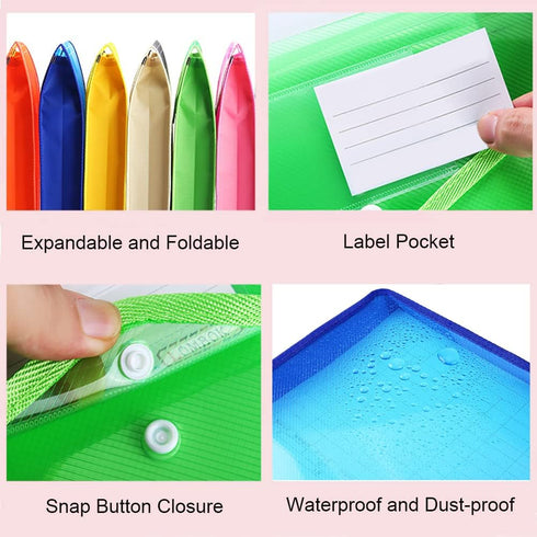 Plastic Document File Folder, A4 Size Expandable Poly Envelopes, Waterproof Transparent File Pouch with Snap Closure &