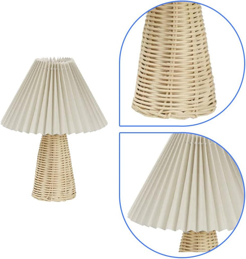 Tiiyee Small Table Lamp, Pleated Table Lamp Bedside Night Lamp with Rattan Base Fabric Pleated Lampshade Vintage Design