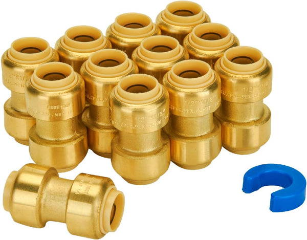 SUNGATOR 1/2 Inch Pushfit Plumbing Fittings, 12 Pack, No Lead Brass Push to Connect for PEX, Copper, CPVC