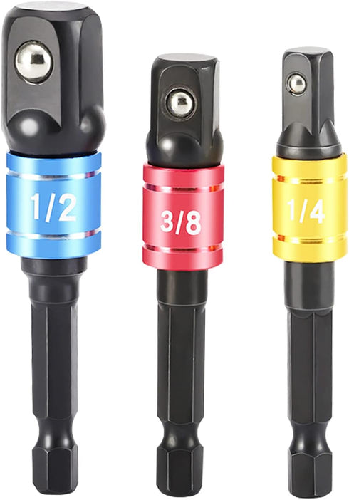 3Pcs Impact Grade Driver Sockets Drill Adapter Extension Set 1/4", 1/2", 3/8 Reducer for Power Drill