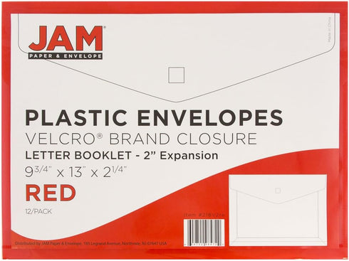 JAM PAPER Plastic Expansion Envelopes with Hook & Loop Closure - Letter Booklet, Red, 12/Pack
