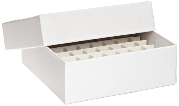 Globe Scientific 3090-1 Cardboard Storage Box for up to 2" Tall x 15mm Wide Tubes, 64 Place, 8x8 Format, 9x9 Format, 134mm Length, 134mm Width, 47mm Height, White