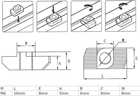 3030 Series 50-Pack M6 T-Nuts, Carbon Steel Nickel-Plated Half Round Roll in Sliding T Slot Nut