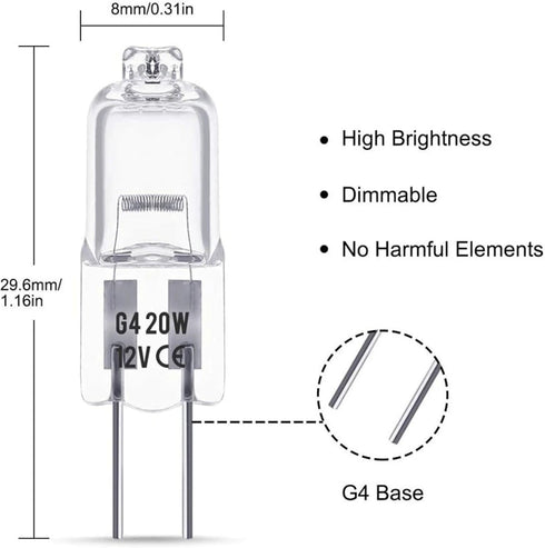 NTZTO G4 Bulbs 12V 20W T3 Capsule-Dimmable 3000K 2000H Halogen Warm White, Lifespan,for Chandelier Lighting, RV Marine