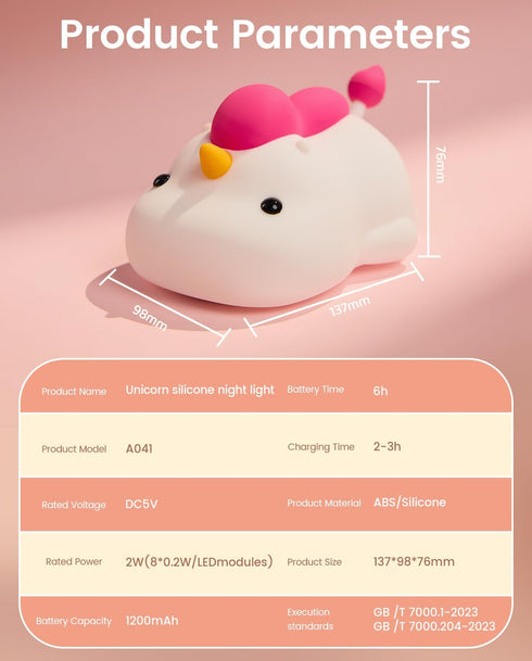 joyful xinghai 30-Min Unicorn Night Light for Kids, Soft Silicone Tap Control Lamp with Auto-Off Timer, Rechargeable