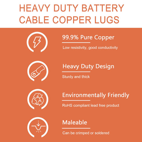 10pcs 1/0 AWG-1/2” Ring Terminals, 0 Gauge Copper Wire Lugs Battery Cable Ends