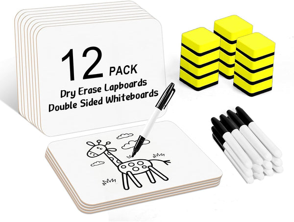 HERKKA 12 Pack Dry Erase Lapboards, Double Sided 9 x 12.5 Inch Small Boards with 12 Markers and 12 Erasers for