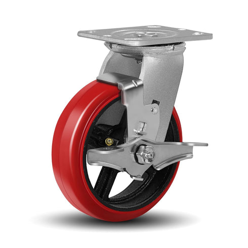 6"X2" Heavy Duty Industrial Casters: Crowned Polyurethane Tread, 1200 lbs Load Capacity, Swivel with Brake