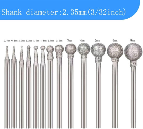 13 Pcs Ball Shape Diamond Burr Diamond Mounted Grinding Burs Stone Carving Set with 3/32 inch Mandrel for Rotary Tools