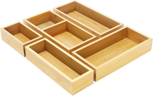 Bamboo Drawer Organizer Set, 5 PCS Multi-Use Individual Wood Storage Organizers for Kitchen, Bathroom, Office