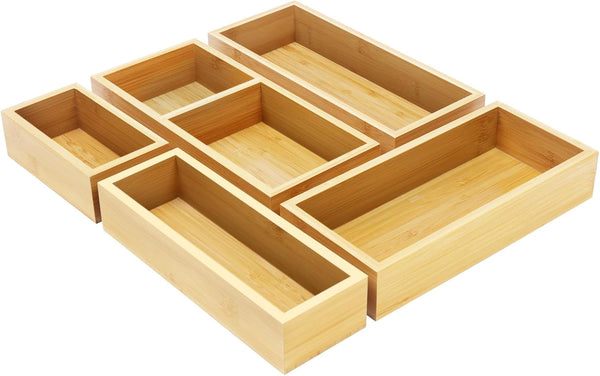 Bamboo Drawer Organizer Set, 5 PCS Multi-Use Individual Wood Storage Organizers for Kitchen, Bathroom, Office