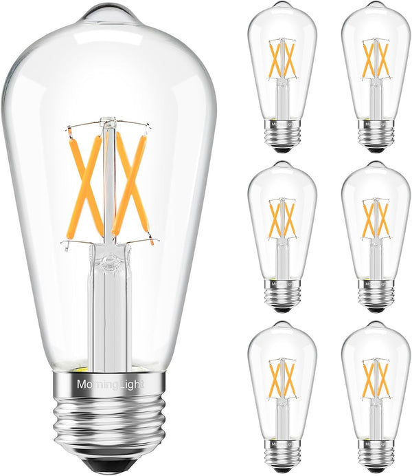 MorningLight 6 Pack Vintage LED Edison Bulbs, Dimmable E26 LED Edison Light