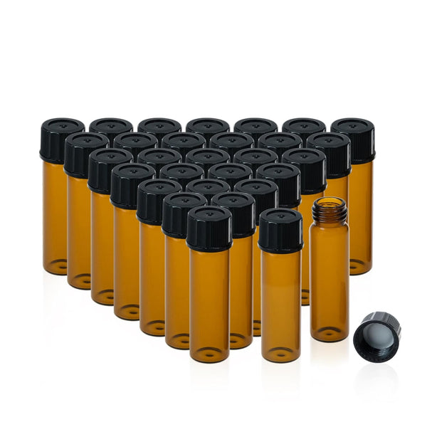 20 PCS 8ML (2 dram) Amber Small Liquid Sample Glass Vials with Screw Caps, Leak-Proof Vial, 15-425 Black Screw Cap with