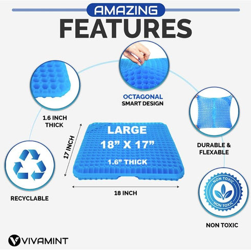 VIVAMINT Tailbone Large Gel Seat Cushion for Long Sitting, Cooling Gel Cushion for Office Chair, Sciatica Coccyx Pain