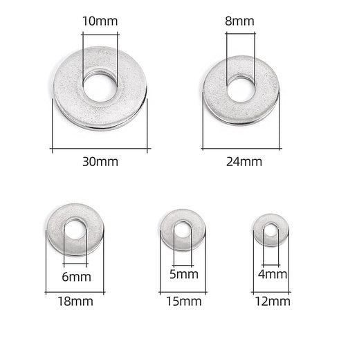 100Pcs Flat Penny Washers, 5 Sizes Stainless Steel Large OD M4, M5, M6, M8, M10 Flat Repair Washers for Screws