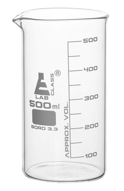 EISCO 6PK Beakers, 500ml Tall Form with Spout, White, 50ml Graduations, Borosilicate 3.3 Glass