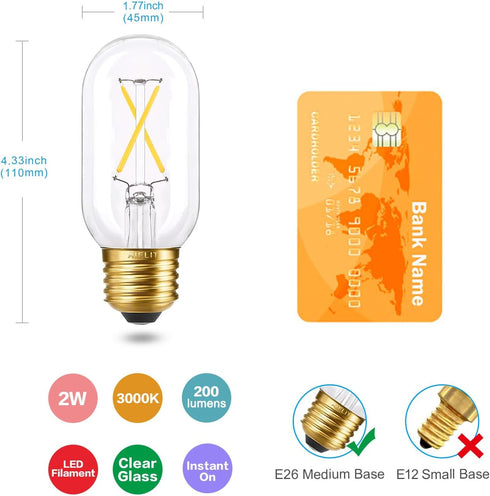 T45/T14 E26 Bulbs Dimmable, 2W(25 3000K, Bulb, Bulb 3-Pack LED Watt Equivalent), Soft White Tube LED Light Vintage