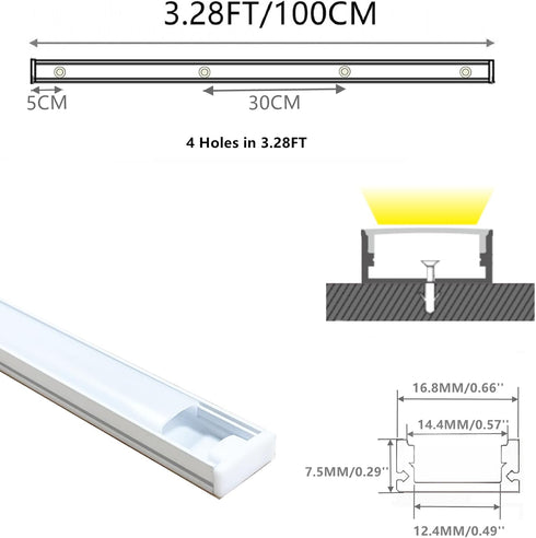 THMOOTHER 5-Pack 3.28FT (5) Matte White Pre-Drilled Clip Free LED Strip U Channel Diffuser, Tight and Flush Mounted