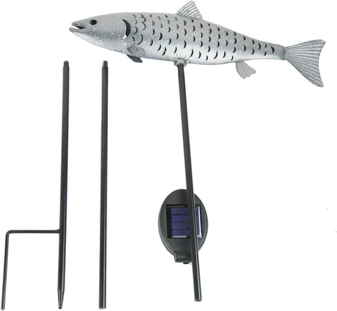 (Silver-2) KAIXOXIN Solar Garden Lights Metal Fish Decorative Stake for Outdoor Patio Yard Decorations,Warm White LED