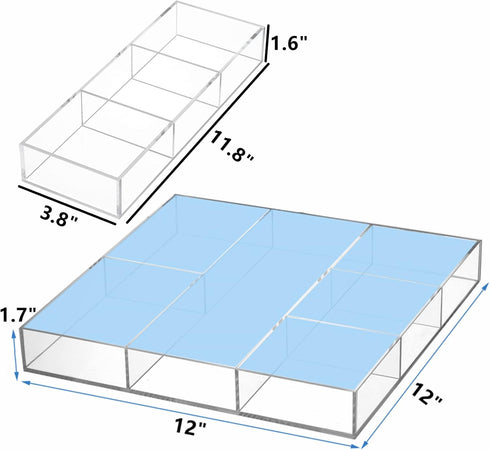 Peohud 2 Pack Acrylic Drawer Organizer Tray, 6/3 Section Clear Makeup Tray for Drawer, Office Desk Supplies