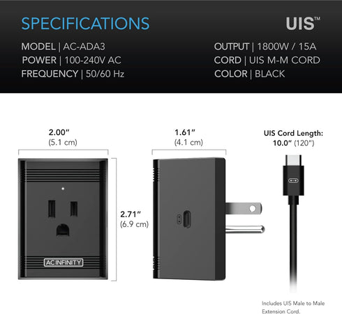 AC Infinity UIS Control Plug - Socket Adapter to Connect UIS Smart Controllers to Outlet Devices