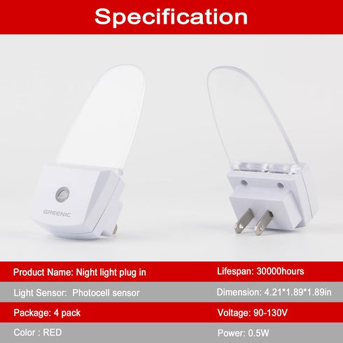 4 Pack GREENIC Plug in LED Night Light Lamp with Light Sensor RED