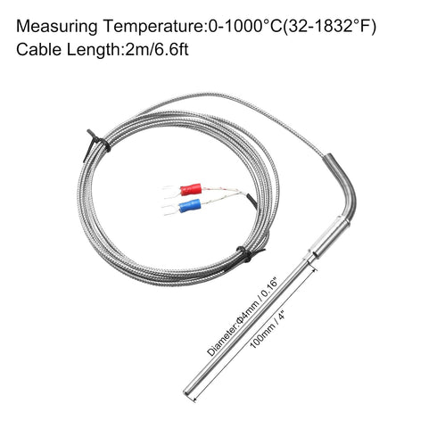 MECCANIXITY K Type Thermocouple Temperature Sensor Probe 4x100mm 6.6ft Wire 0 to 1000°C(32 to 1832°F) Stainless Steel