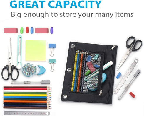 Sooez 2 Pack Pencil Pouch for 3 Ring Binder, Fabric Binder Bags with Zipper and Reinforced Grommets for School Supplies