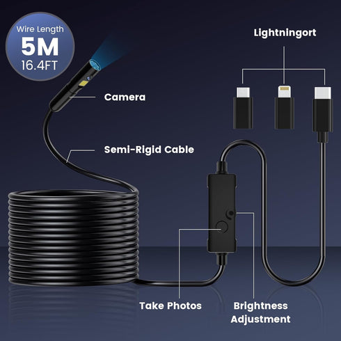Endoscope Camera with Light, Dual Lens 1920P HD Borescope for iPhone or Android, Waterproof Inspection Camera
