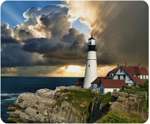 Gaming Mouse Pad, Portland Head Lighthouse Maine Sun Rays, Non-Slip Rubber for Computers, 9.5 x 7.9 Inch