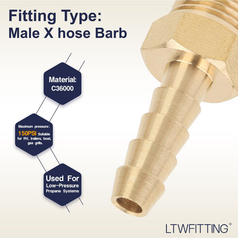 LTWFITTING Brass Barb Fitting Coupler - 3/16-Inch Hose ID x 1/8-Inch Male NPT, Pack of 5