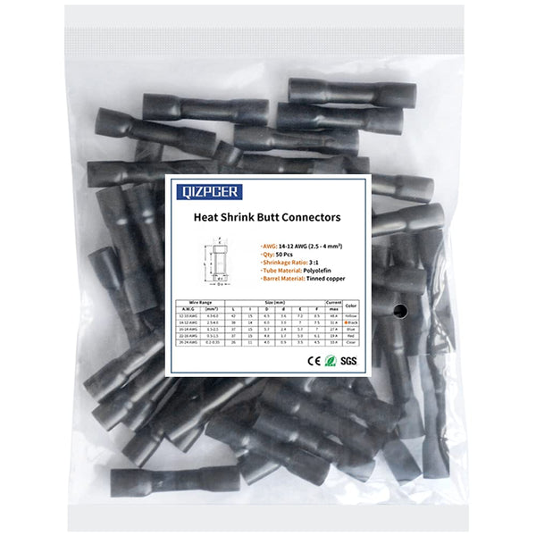 Heat Shrink Butt Connectors, 50Pcs 14-12 AWG Black Marine Grade Insulated Crimp Wire Connectors for Boat Truck