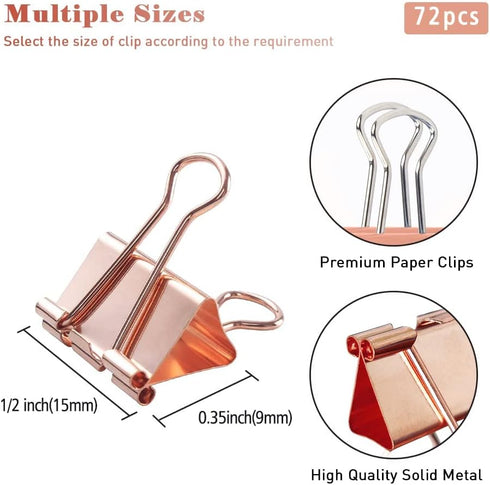 Mini Binder Clips, 120 Pack, 5/8 Inch, Standard 15mm, Rose Gold, Binder Paper Clips, Fold Clamp, Capacity 0.23 Inch, Paper Clips, Office Supplies, with mini stroage boxes by makanu