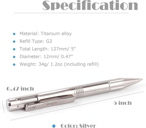 Titanium Bolt Action Ballpoint Pen, Compact Refillable Writing Pen with Pocket Clip