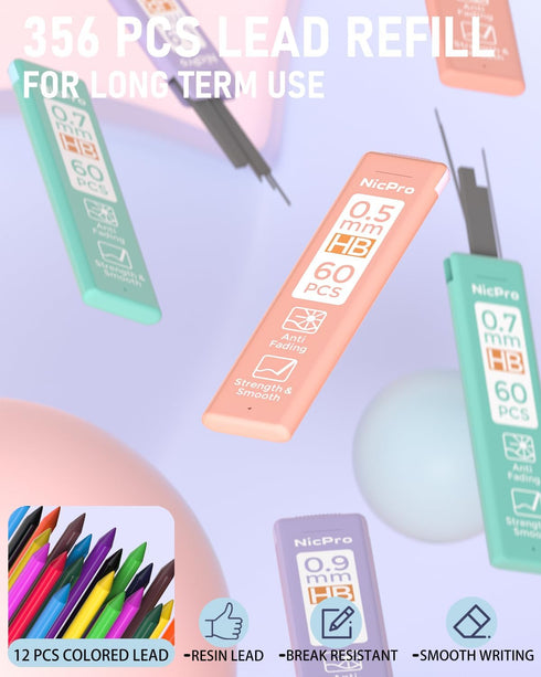 Nicpro 22PCS Pastel Mechanical Pencils Set with Case, 0.5, 0.7, 0.9 mm, 2mm Lead Holders, 11 Tube Lead Refills & 3