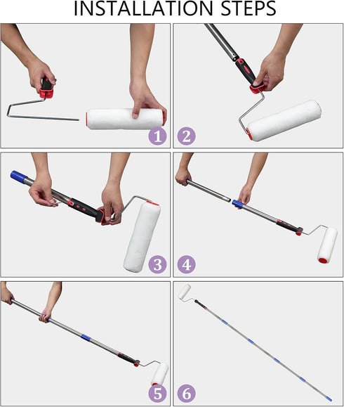 6FT Paint Roller Kits - 9.5 inches Roller Frame with 3 Covers and 60 inches Stainless Steel Handle