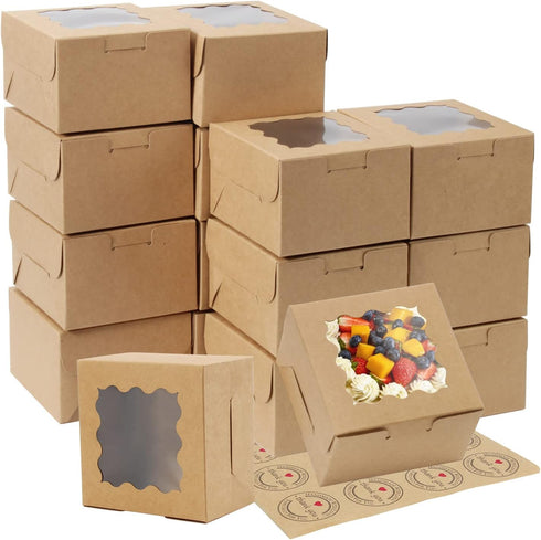 OAMCEG 100 PCS Individual Cupcake Boxes with Window and Stickers, 4x4x3 Inch, Small Cake Boxes, Pastry Carrier