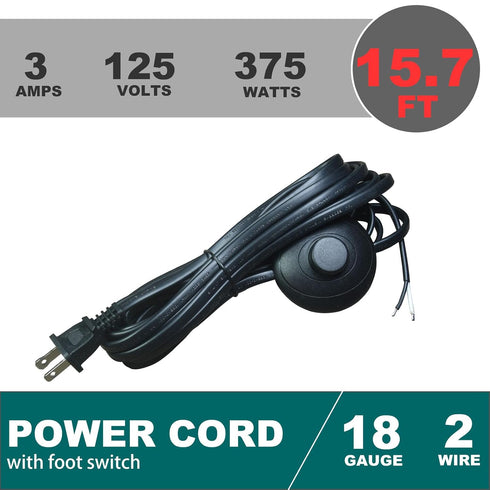 FILSHU 4.8M/15.7FT 2-Prong end,3A 125VAC NISPT-2 18AWG 2/C, On/Off Foot Switch Pedal with Power Cord, Polarized Plug