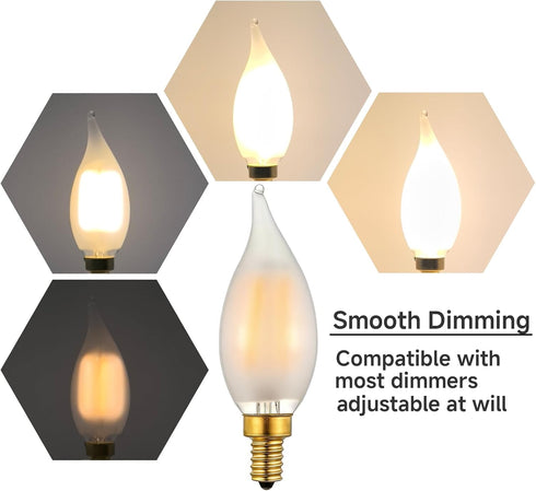 C11/C35 E12 Dimmable Bulb, 4W 3000K 6-Pack LED Filament Candle Warm White Frosted Glass, Ideal for Chandeliers, Wall