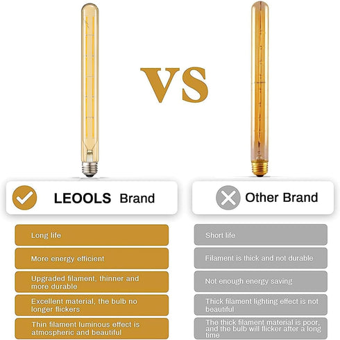 Leools T300 LED Long Bulbs, 12W Dimmable Tubular Bulb, 100 Watt Equivalent, Amber Glass, 2700K Warm White, 4-Pack.
