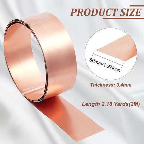 BENECREAT 6.56 FT Copper Sheet Roll, 2" Width 26 Ga, Pure Copper Strip for DIY Projects, Unplated Metal Foil