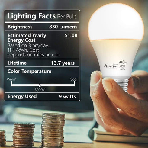 AmeriTop A19 LED Light Bulbs, 6 Pack, Efficient 9W (60W Equivalent), 830 Lumens, UL Listed, Non-Dimmable, E26 Standard
