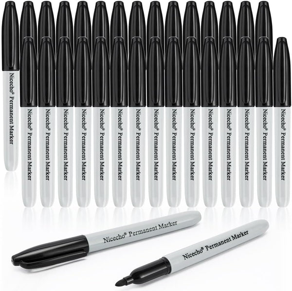Nicecho Permanent Markers, Black Permanent Marker Pens, 30 Count Fine Point Basic Marker