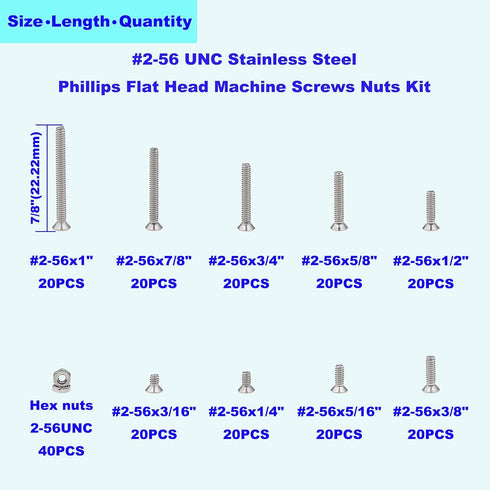#2-56 UNC Stainless Steel Phillips Flat Head Machine Screws Nuts Assortment Kit