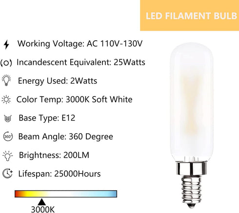 Dimmable T6 LED Bulb 25W Candelabra 2W E12 Edison Light Bulbs Soft White 3000K, T25 Mini Tubular Frosted Glass LED Filament Chandelier Light Bulbs, 12 Pack by Sunaiony