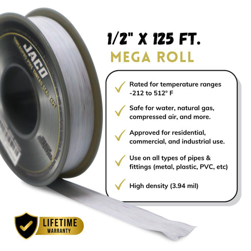 JACO ThreadPro High-Density Thread Seal Tape, 1/2" x 125 ft. (Mega Roll) | Professional PTFE Pipe Sealant (3-Pack)