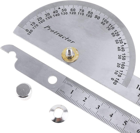0-180 Degree Angle Finder, Stainless Steel Round Head Rotary Protractor Scale, Adjustable Double-arm Ruler