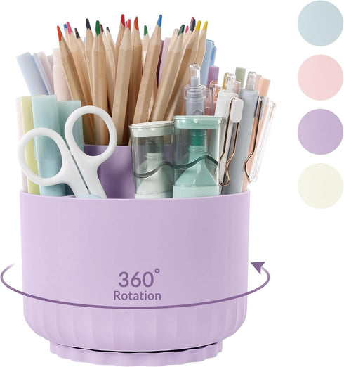 SKYDUE 360 Degree Rotating Desk Organizer, Purple Dual-Purpose Pencil Pen Holder with 5 Slots